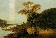 Jacob van der Does Landscape along a river with horsemen, possibly the Rhine. oil painting